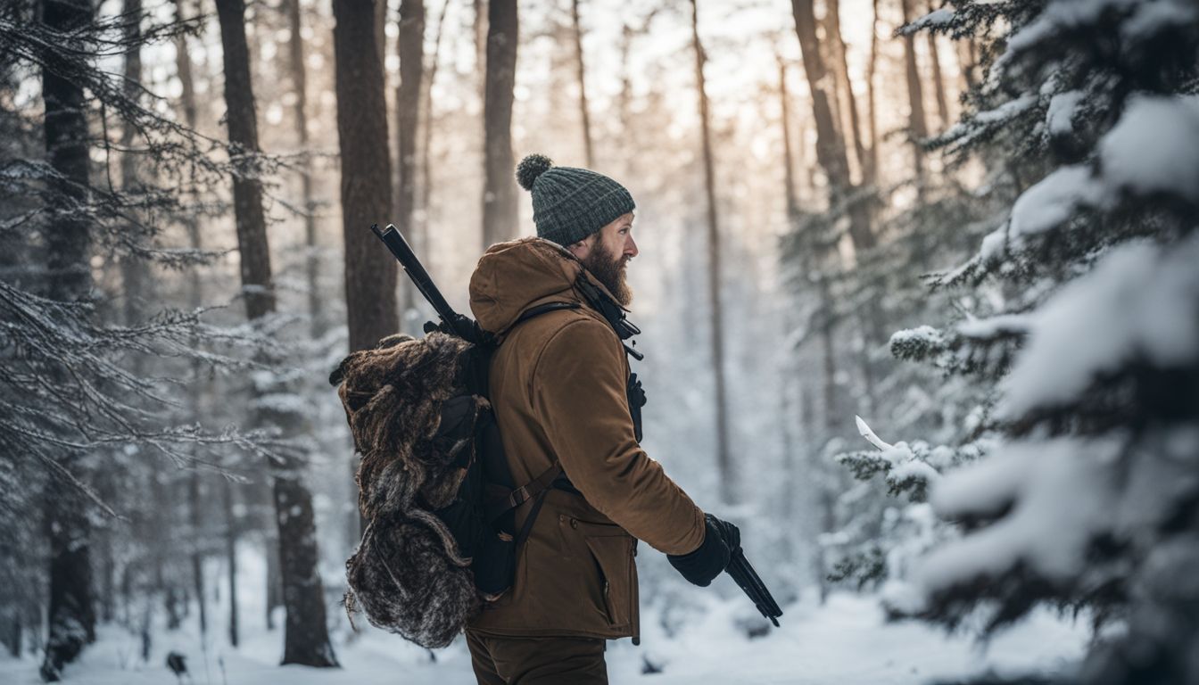 A hunter tracking rabbits in a snowy forest for wildlife photography.