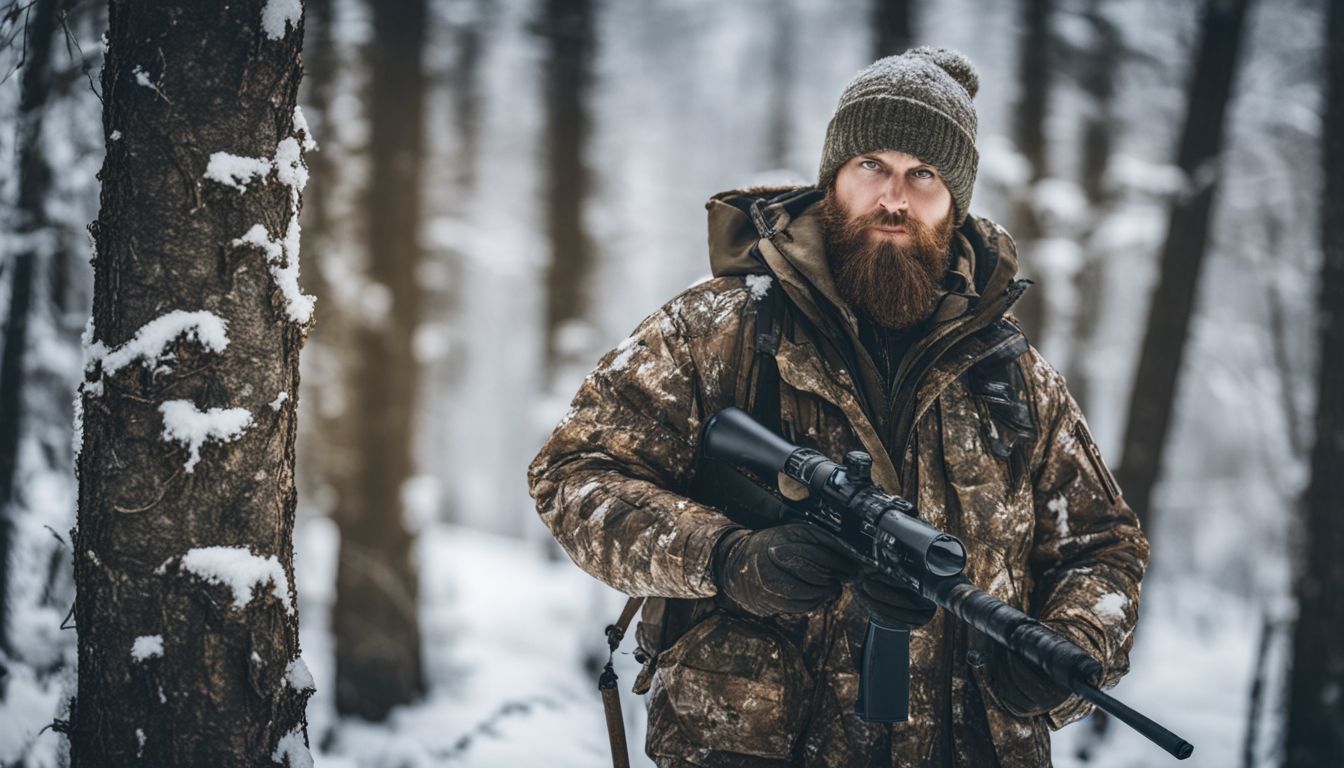 A hunter in camouflage navigating a snowy woodland for wildlife photography.