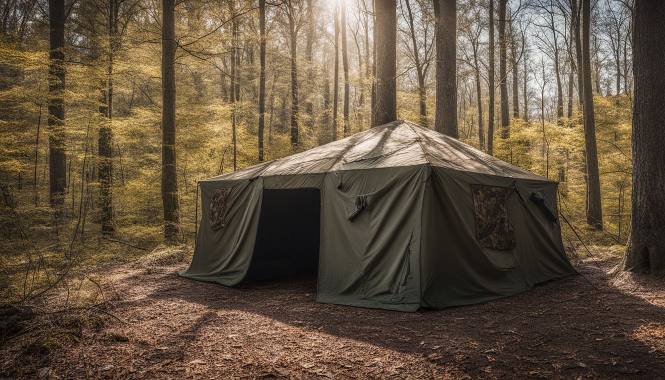 A fully set-up turkey hunting blind in a wooded area.