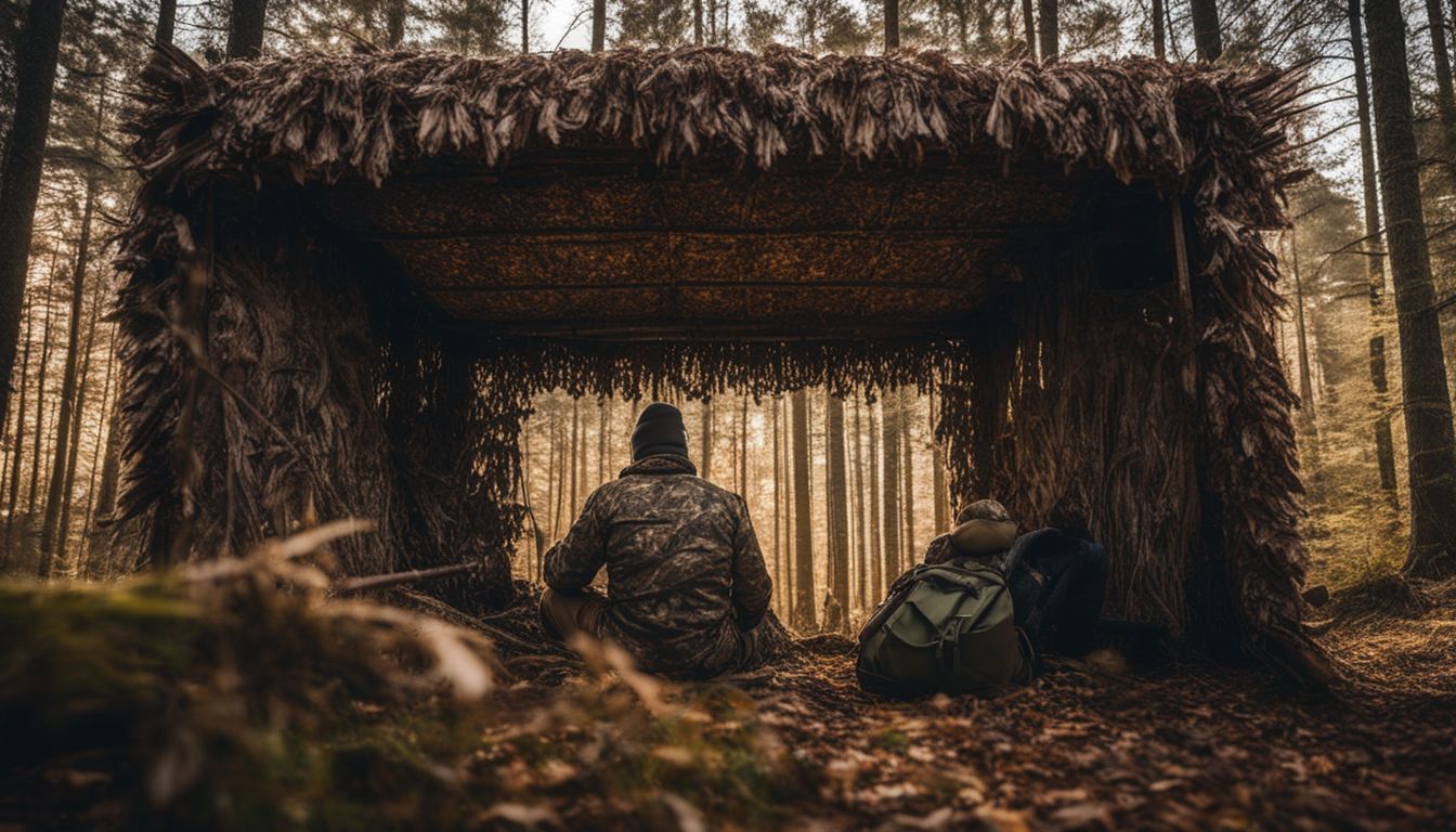 A hunter in camouflage turkey blind in a forest.